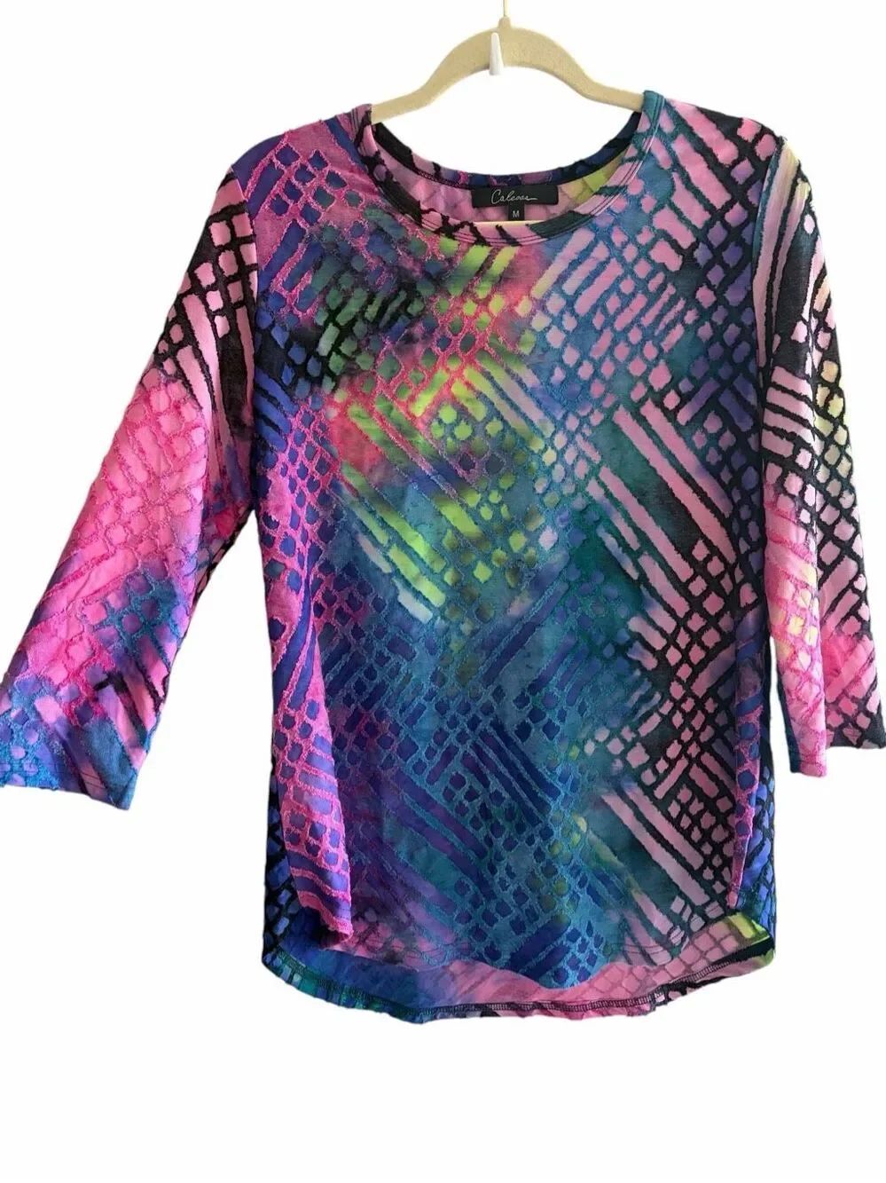 Calessa Multi Color Burnout Blouse Top Women’s Size Medium Pullover Stretch